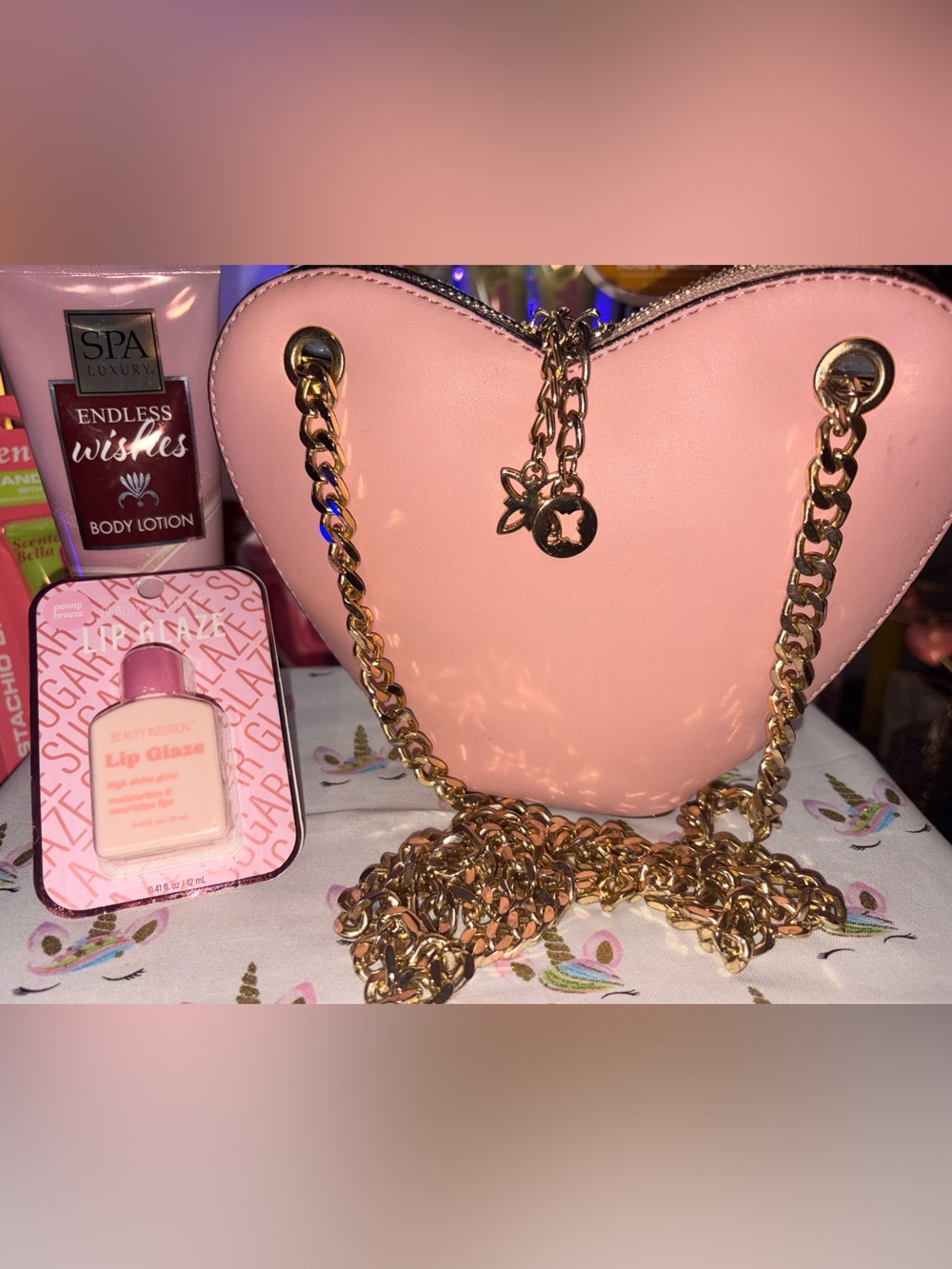 BCBG Pink Heart-Shaped Crossbody with Gold Chain bundle get all seen in picture